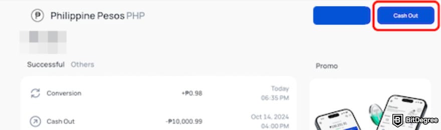 Coins.ph review: nút 'Cash Out'.