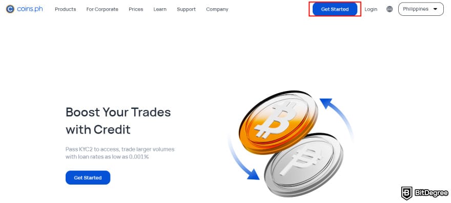 Coins.ph review: nút 'Get Started'. Coins.ph review: nút 'Get Started'.